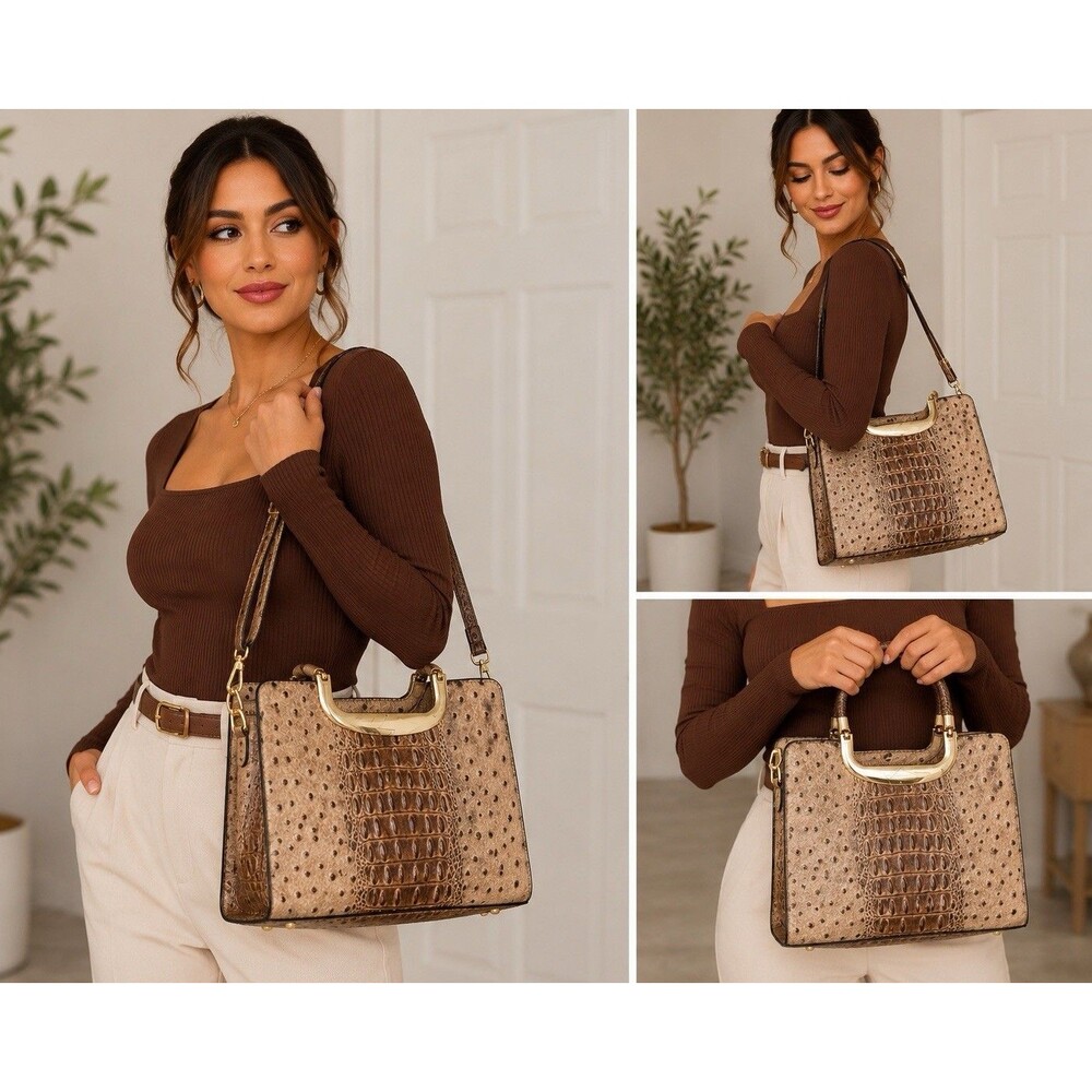 Women’s Brown Beige Faux Ostrich Embossed Satchel Crossbody Bag